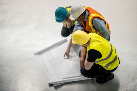 Architect, foreman and supervisor looking the blueprints